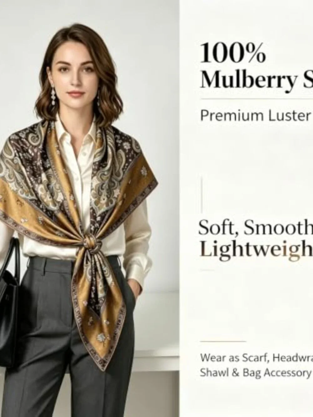 100% Mulberry Silk Square Scarf 43×43in Floral Large Shawl Lightweight Wrap